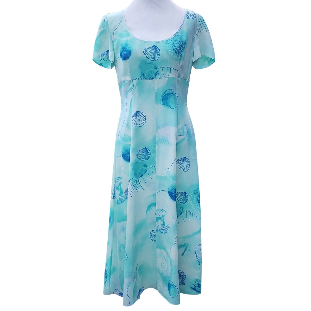 Vintage Escada Margaretha Ley 100%Silk Shell Print Dress Turquoise Blue Size 38